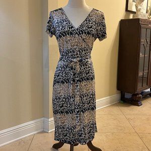 Loft Wrap Dress M Medium Excellent Tan Cream Black Charcoal Print